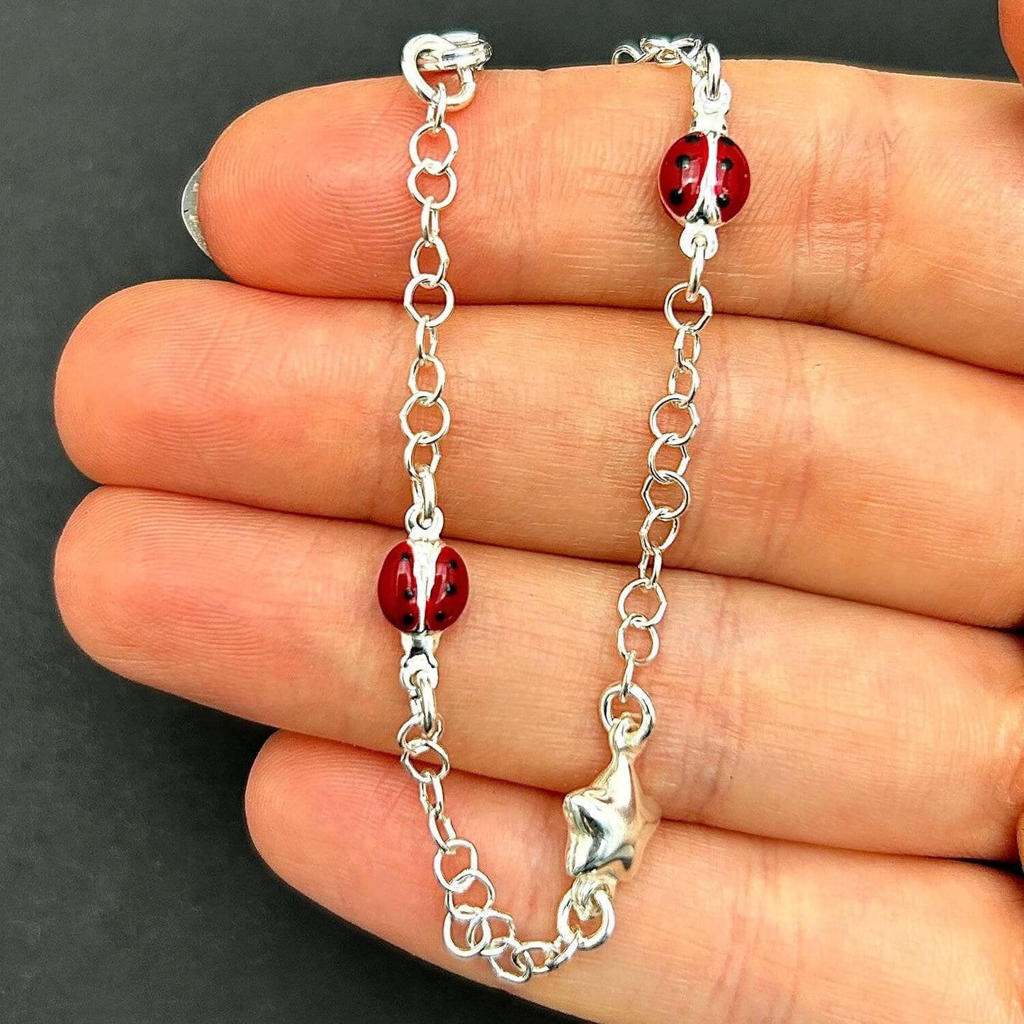Kid's Solid Sterling Silver 3mm Red Ladybug Star Cable Bracelet 6.5"