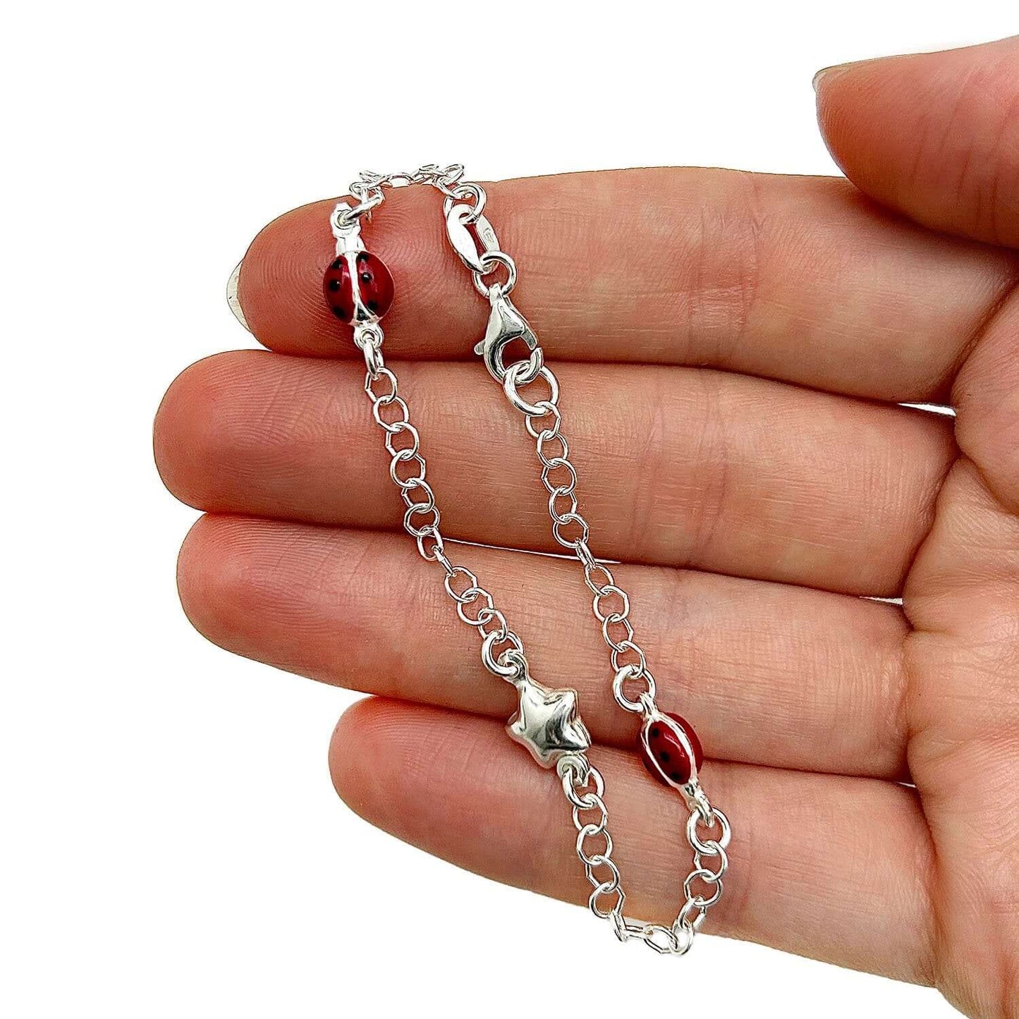 Kid's Solid Sterling Silver 3mm Red Ladybug Star Cable Bracelet 6.5"