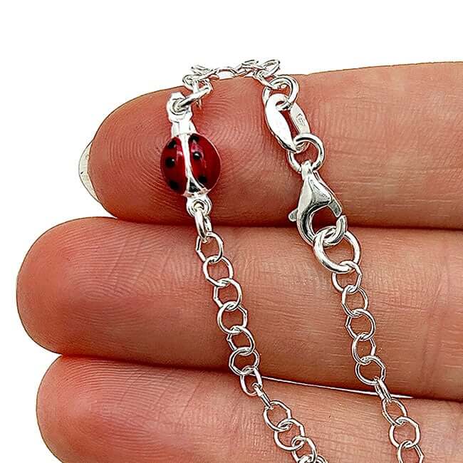Kid's Solid Sterling Silver 3mm Red Ladybug Star Cable Bracelet 6.5"