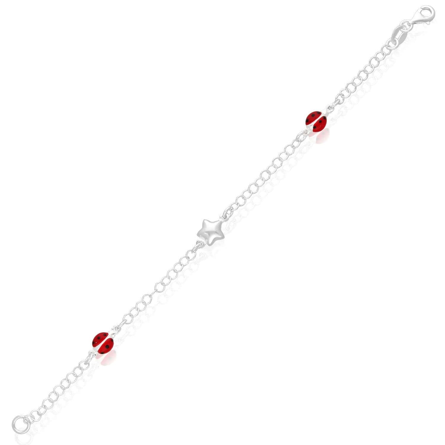 Kid's Solid Sterling Silver 3mm Red Ladybug Star Cable Bracelet 6.5"