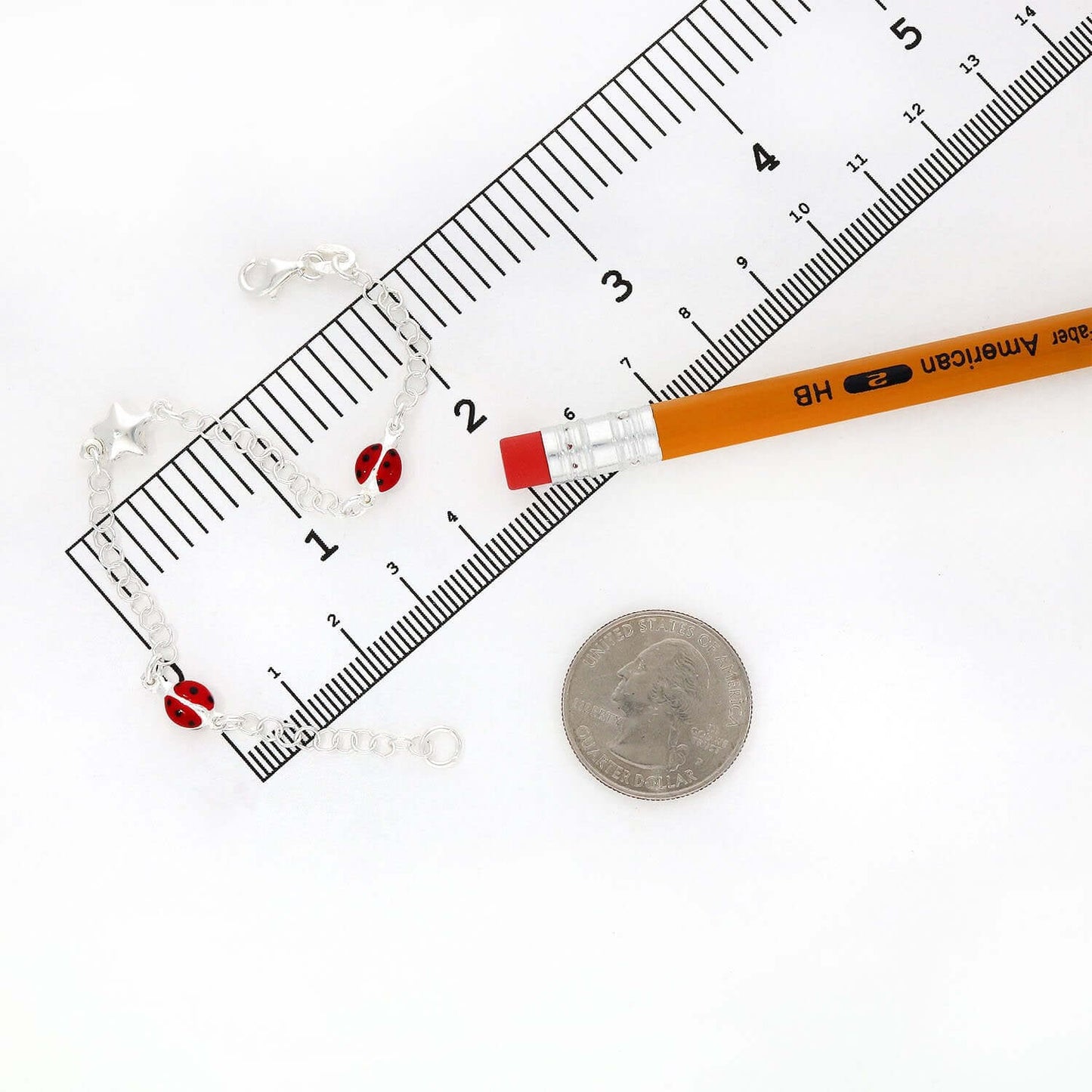 Kid's Solid Sterling Silver 3mm Red Ladybug Star Cable Bracelet 6.5"