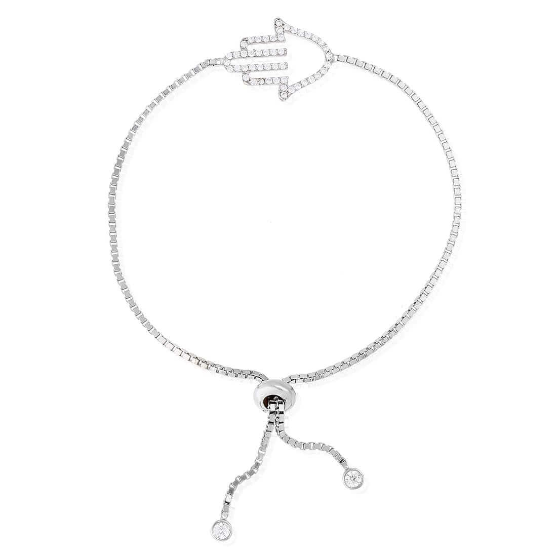 Sterling Silver White CZ Hamsa Slider Bracelet 6-9" Adjustable