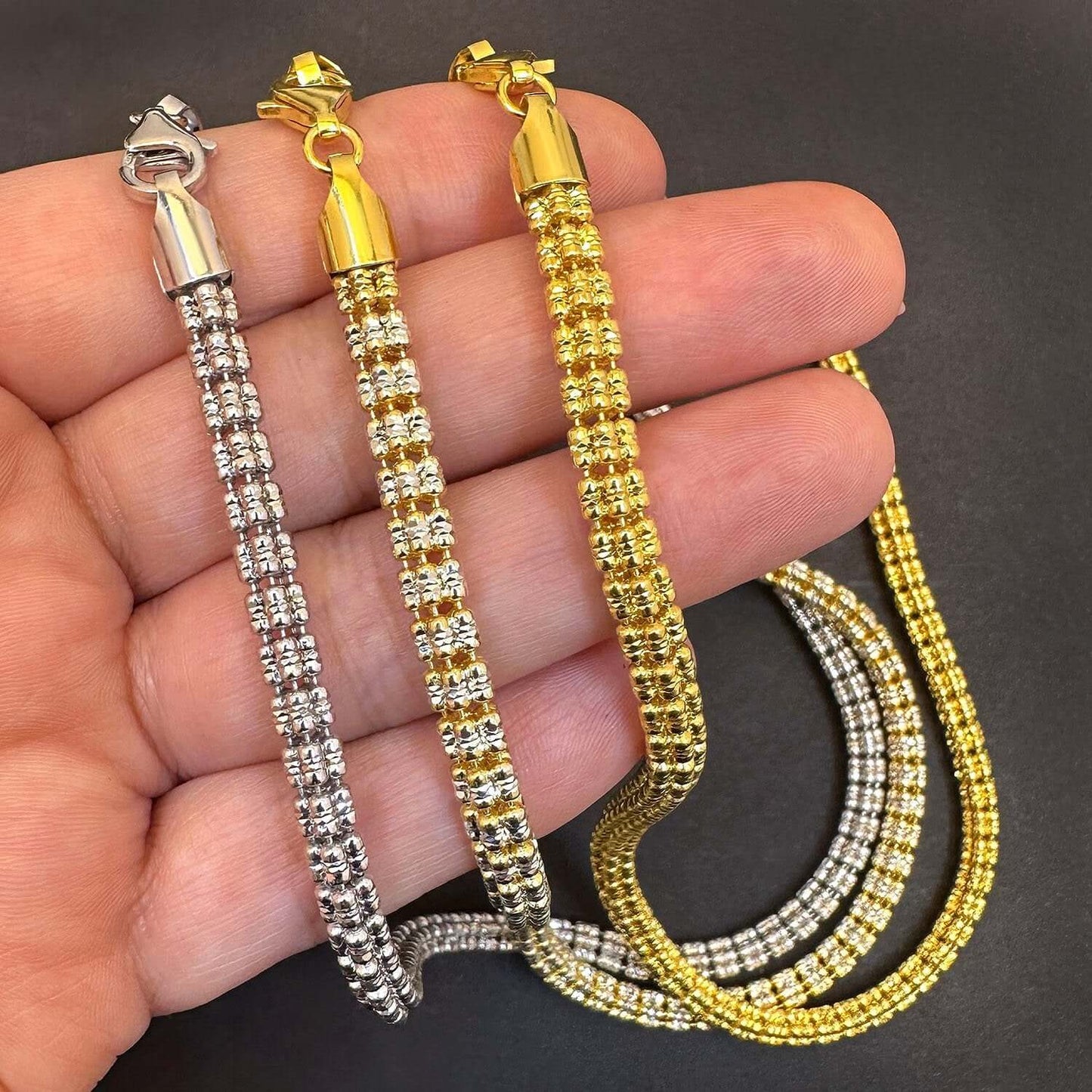 Solid 18K Gold Over Sterling Silver Iced Diamond-Cut 5mm Mesh Chain Necklace 16"