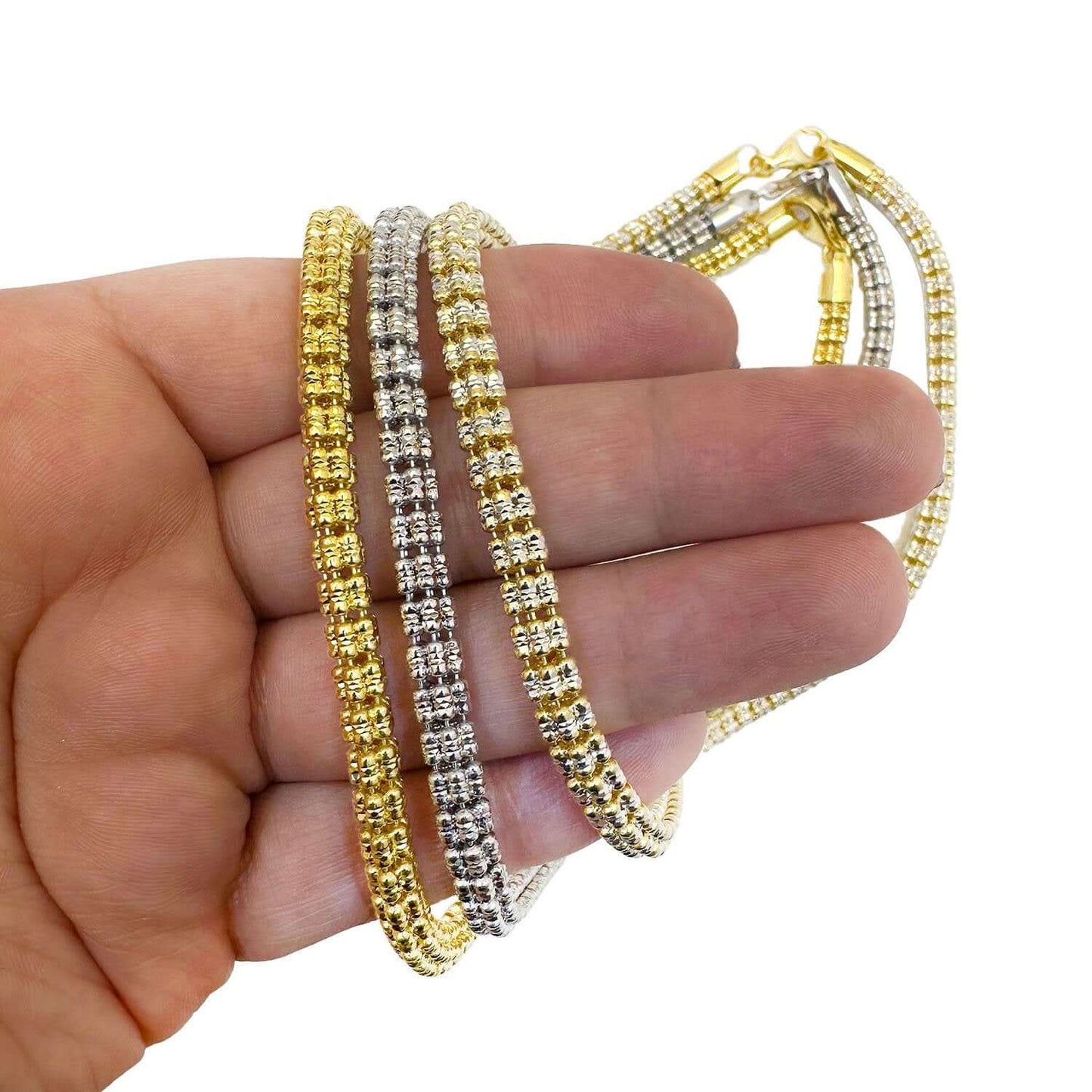Solid 18K Gold Over Sterling Silver Iced Diamond-Cut 5mm Mesh Chain Necklace 16"