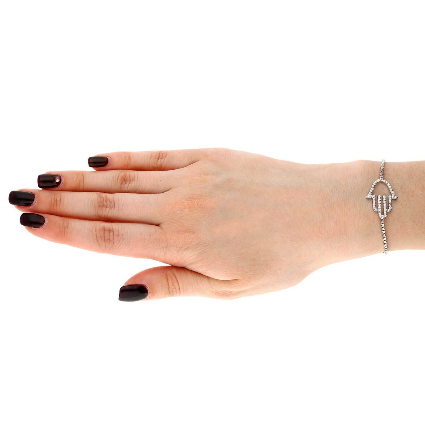 Sterling Silver White CZ Hamsa Slider Bracelet 6-9" Adjustable