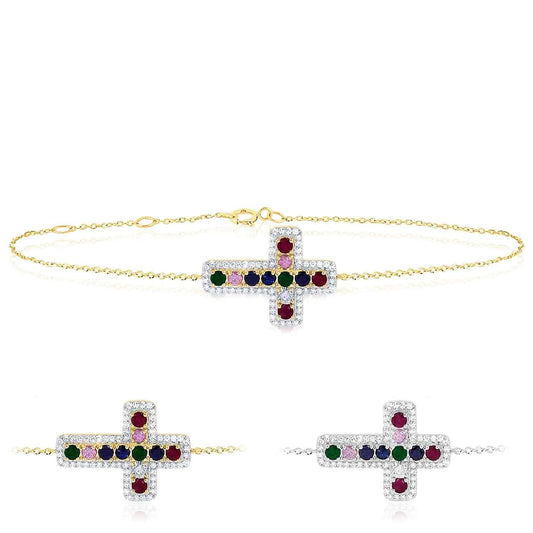 0.75CTW Natural Diamond & Sapphire 10K Gold Cross Bracelet (Solid Links) 6"-7" Adjustable