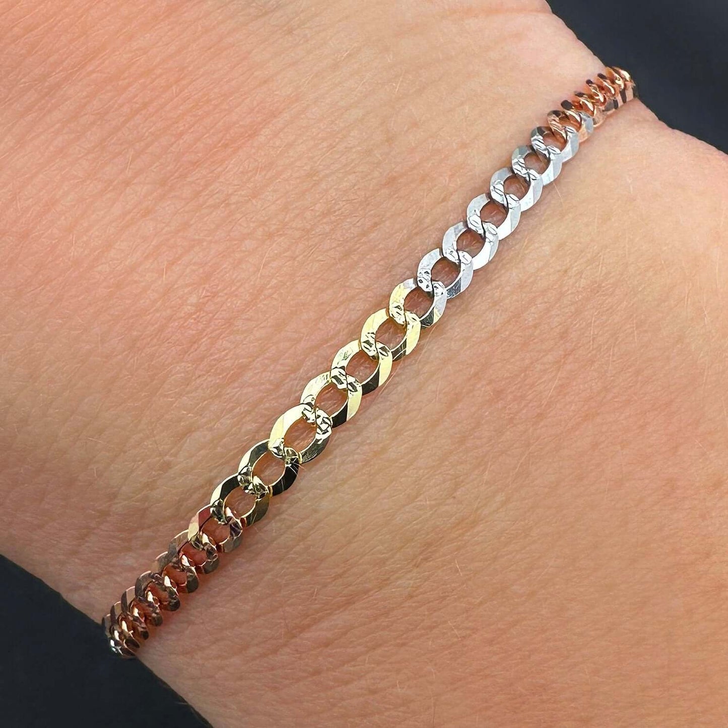 Solid 10K Gold 3.2mm Tri-Color Diamond-Cut Cuban Curb Bracelet 7"