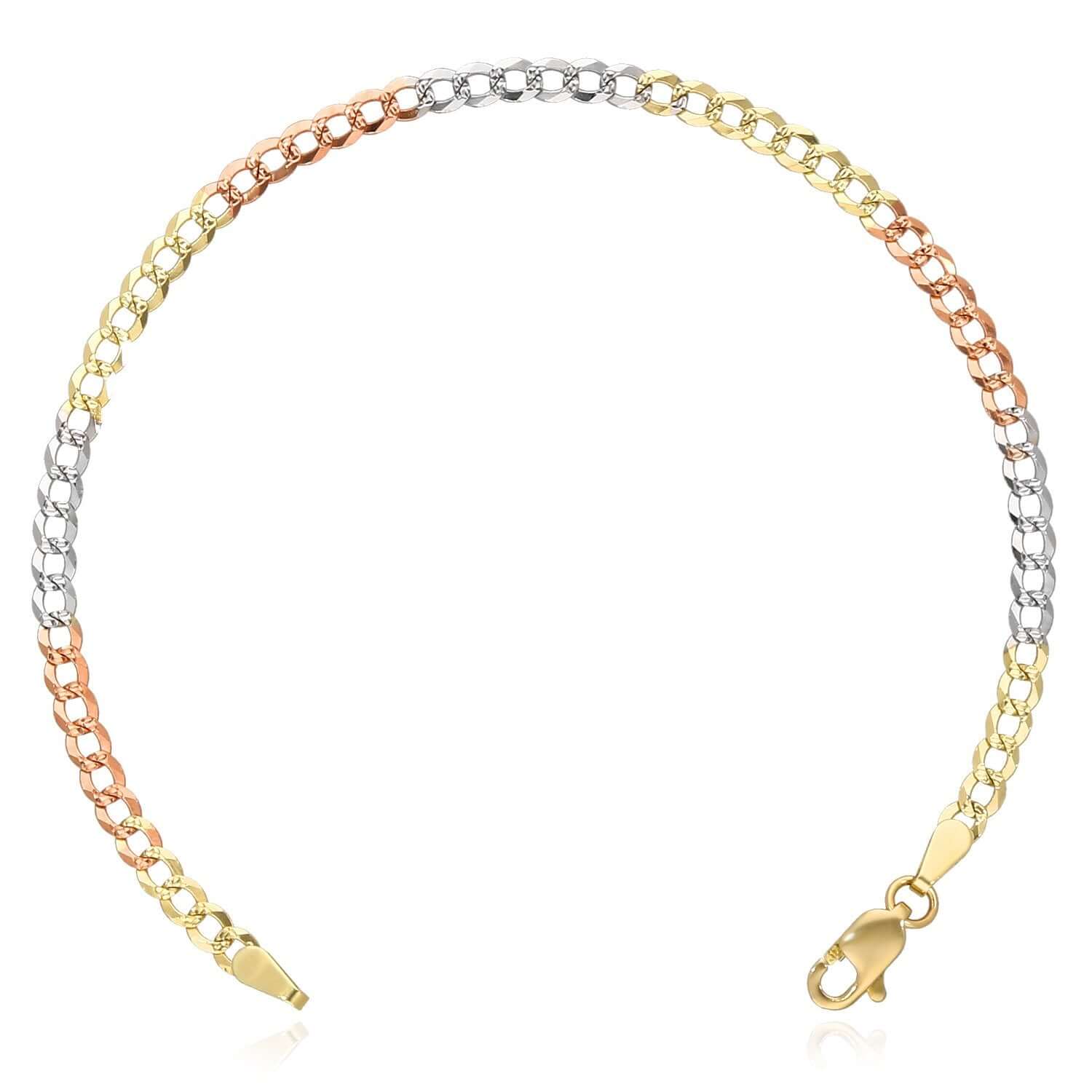 10K Yellow White Rose Gold 3.2mm Tri-Color Diamond-Cut Curb Bracelet (Solid  Links) 7