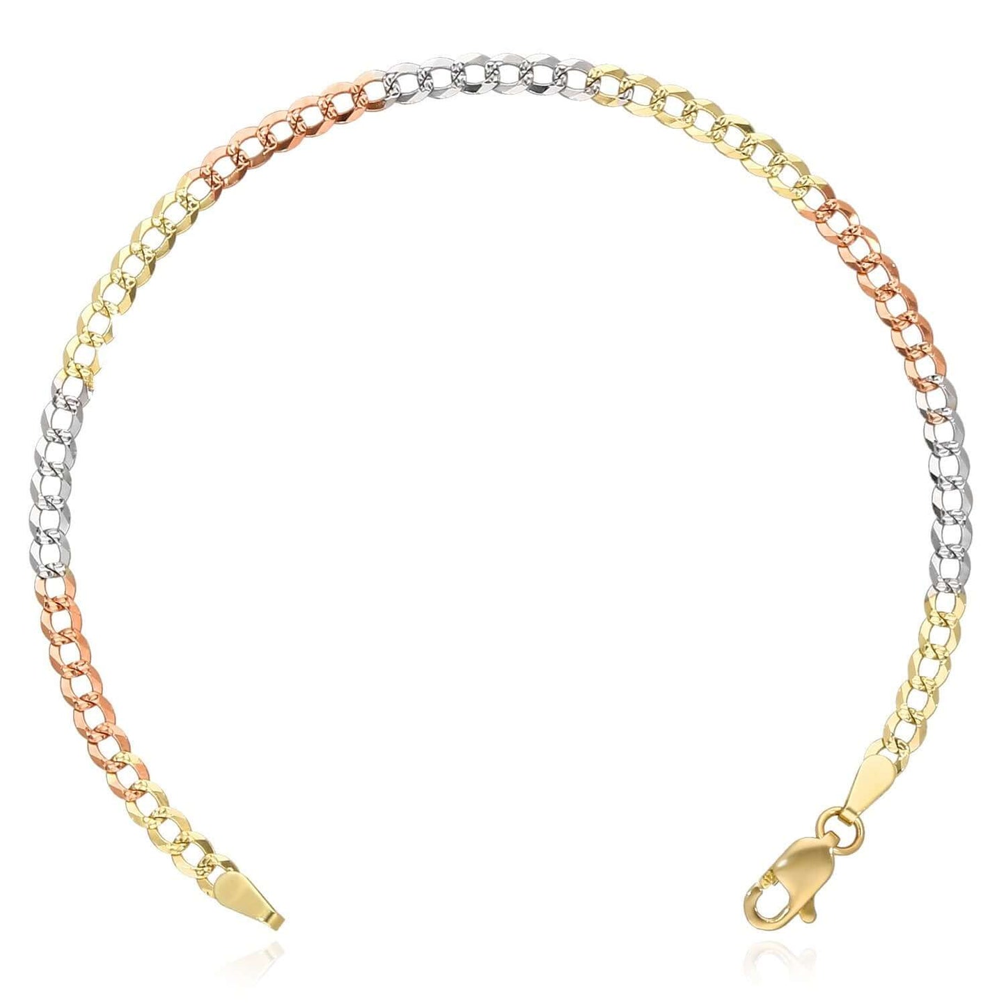 Solid 10K Gold 3.2mm Tri-Color Diamond-Cut Cuban Curb Bracelet 7"