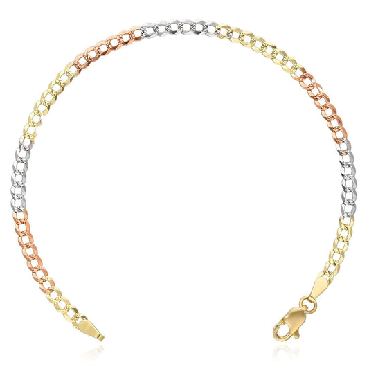 10K Yellow White Rose Gold 3.2mm Tri-Color Diamond-Cut Cuban Curb Bracelet (Solid Links) 7"