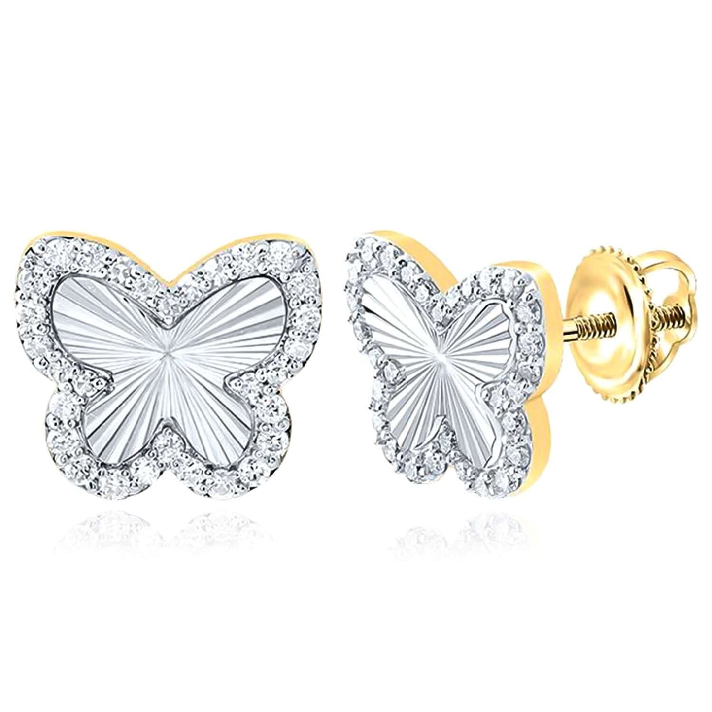 0.37CTW Real Diamond 10K Real Gold White Butterfly Stud Earrings 11.5mm