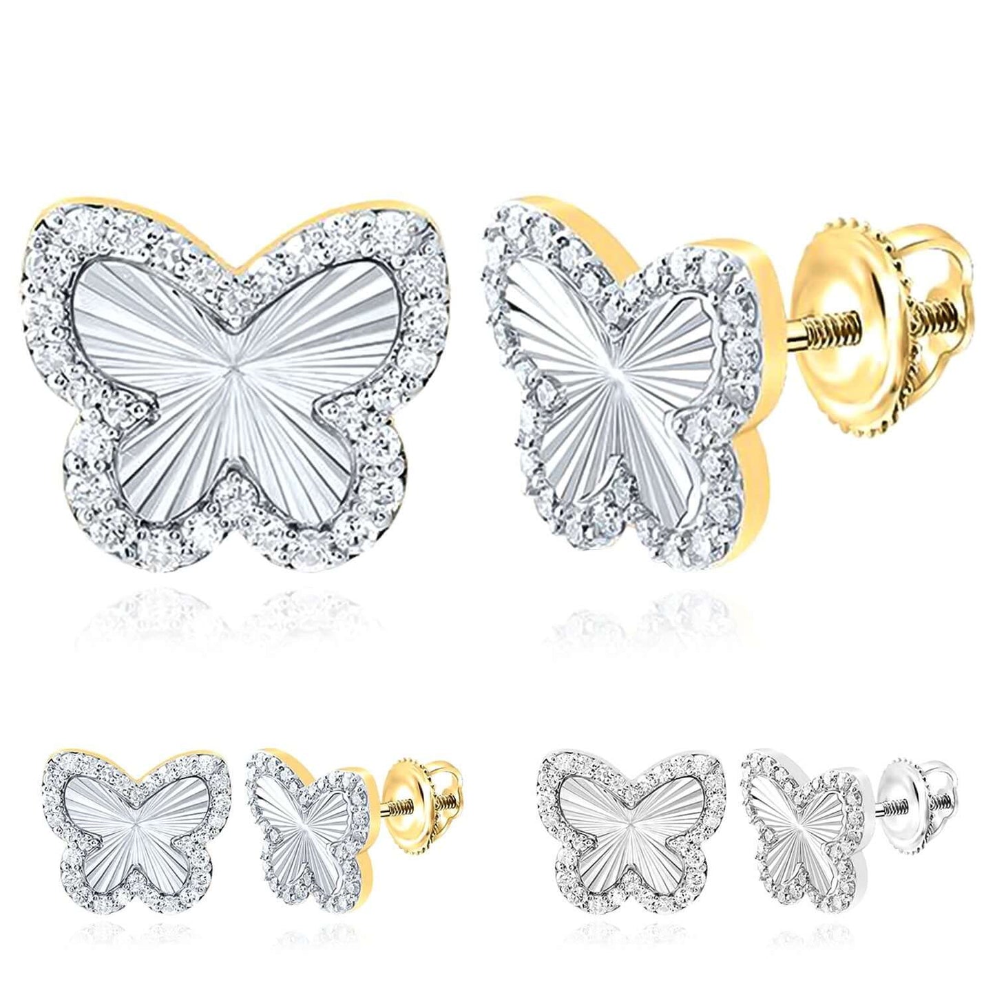 0.37CTW Real Diamond 10K Real Gold White Butterfly Stud Earrings 11.5mm