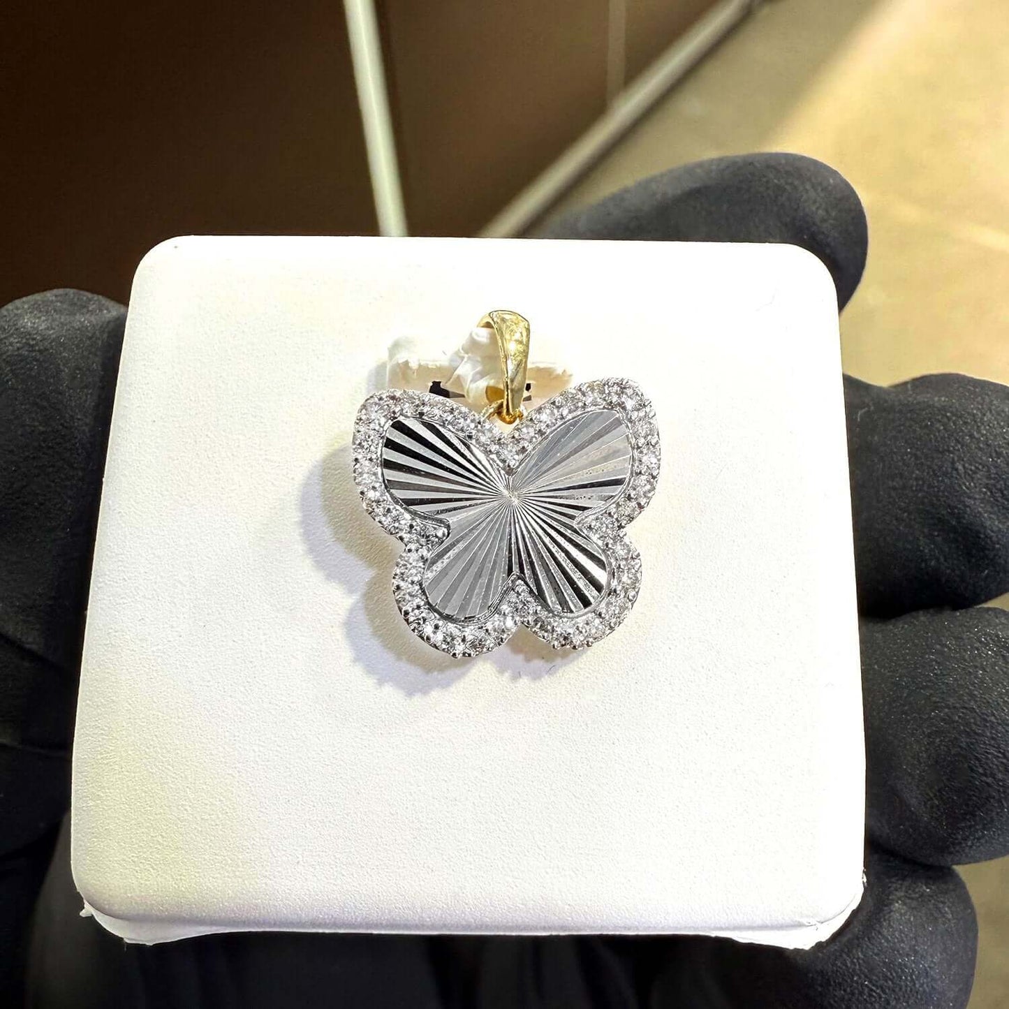 0.25CTW Real Diamond 10K Real Gold Yellow, White Butterfly Pendant 0.6"