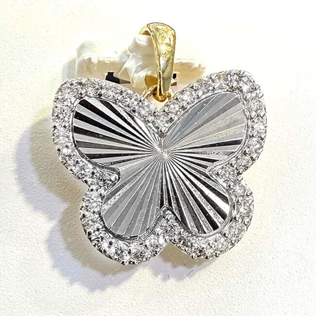 0.25CTW Real Diamond 10K Real Gold Yellow, White Butterfly Pendant 0.6"