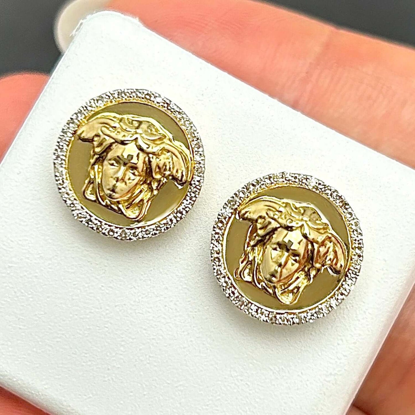 0.25CTW Real Diamond 10K Real Gold Medusa Stud Earrings 14mm