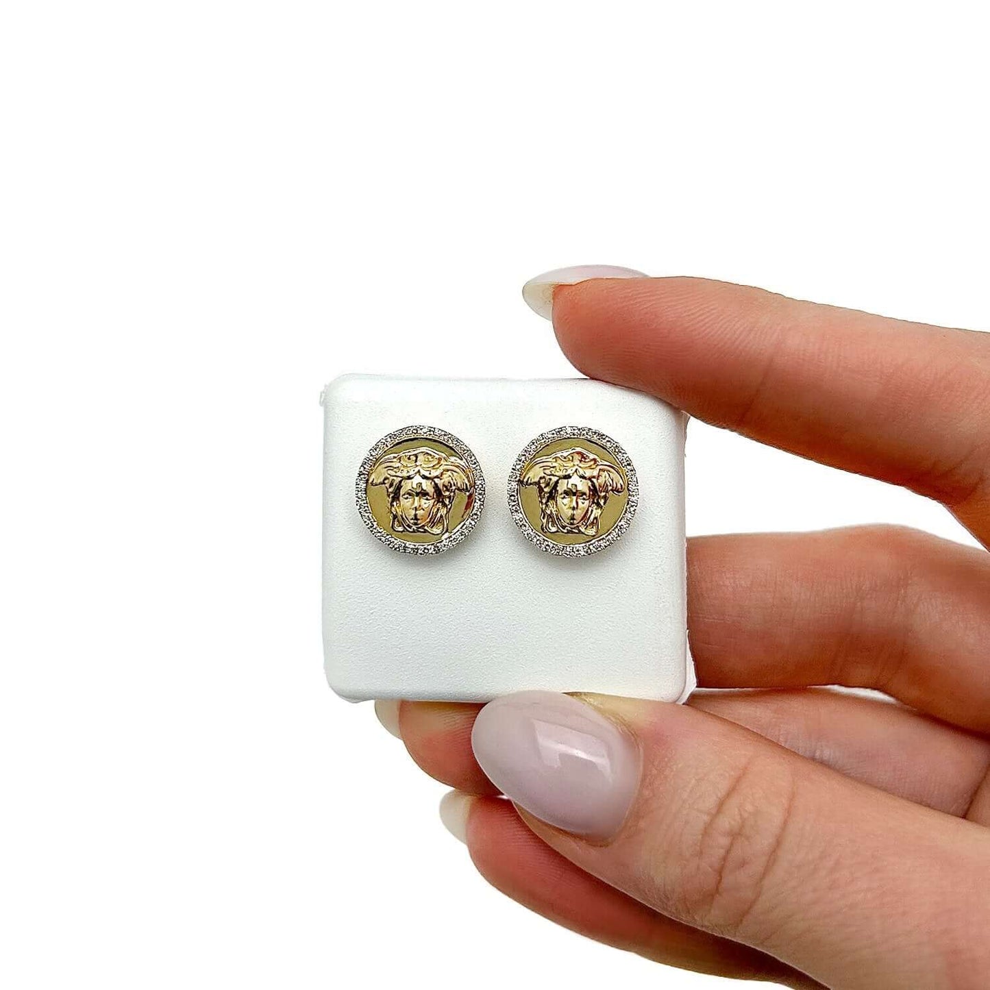 0.25CTW Real Diamond 10K Real Gold Medusa Stud Earrings 14mm