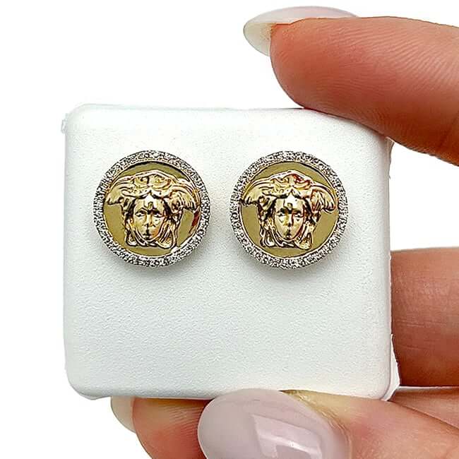 0.25CTW Real Diamond 10K Real Gold Medusa Stud Earrings 14mm