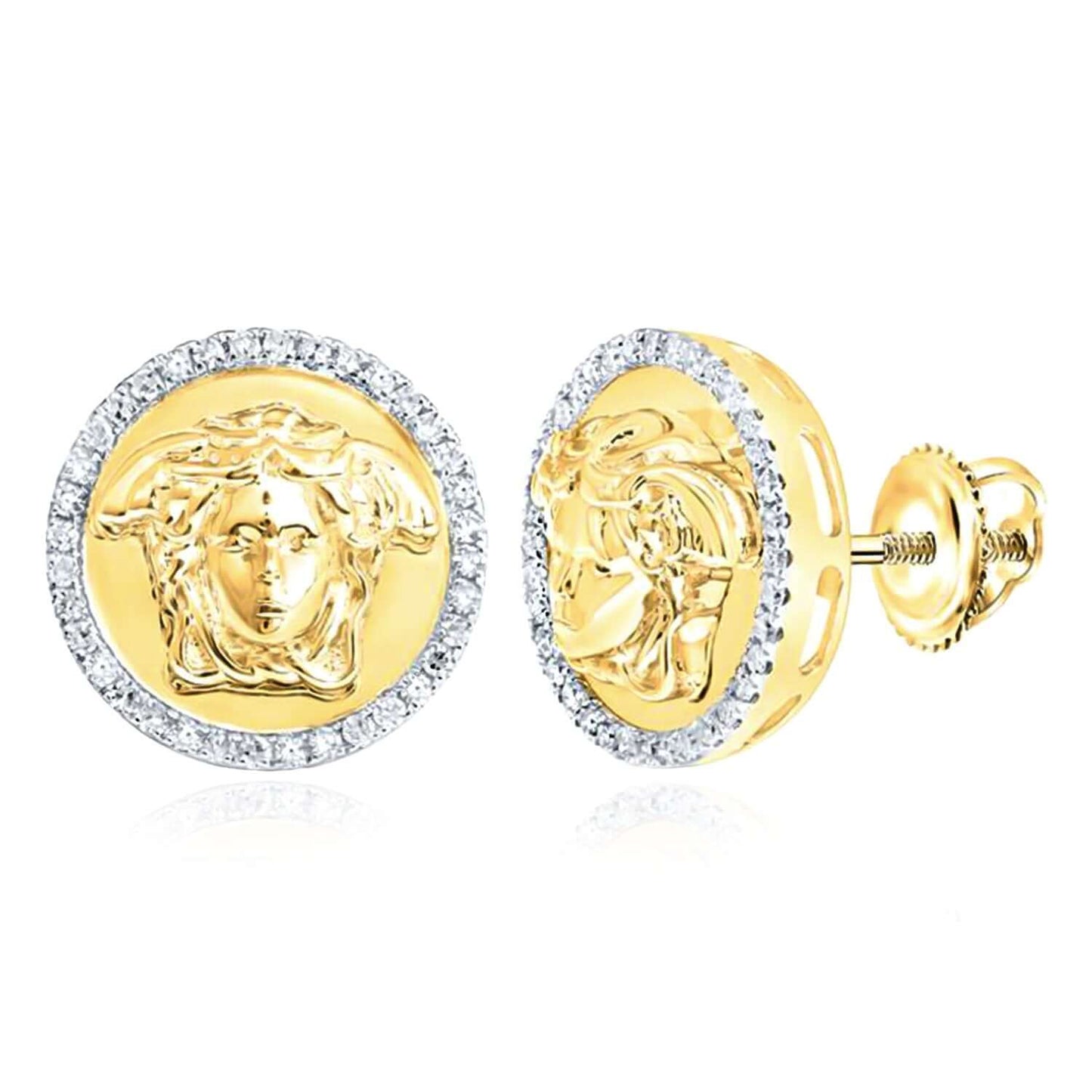 0.25CTW Real Diamond 10K Real Gold Medusa Stud Earrings 14mm