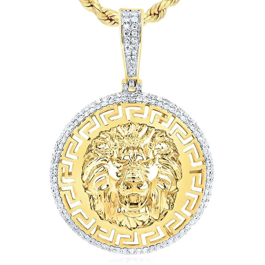0.62CTW Natural Diamonds 10K Gold Lion Head Medallion Pendant 1.6"