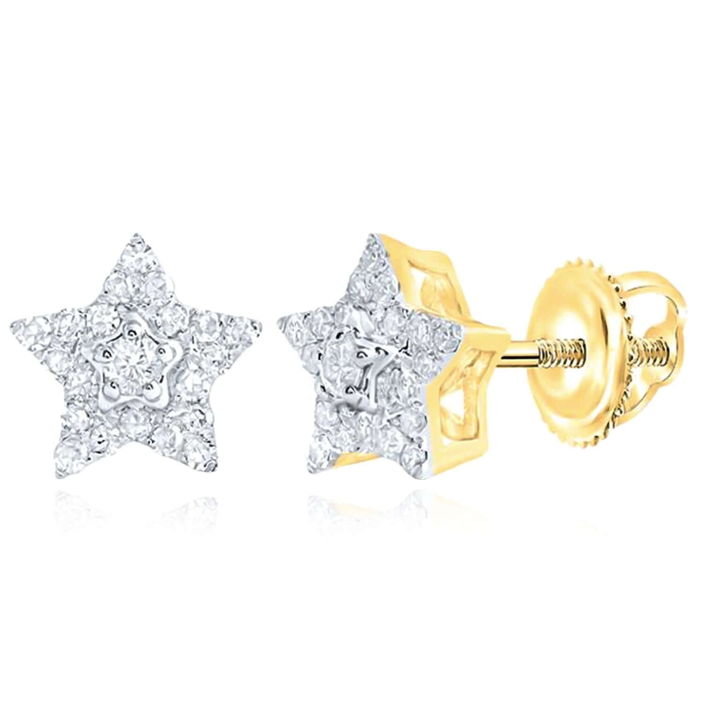 0.20CTW Real Diamond 10K Real Gold Yellow, White Star Stud Earrings 8mm