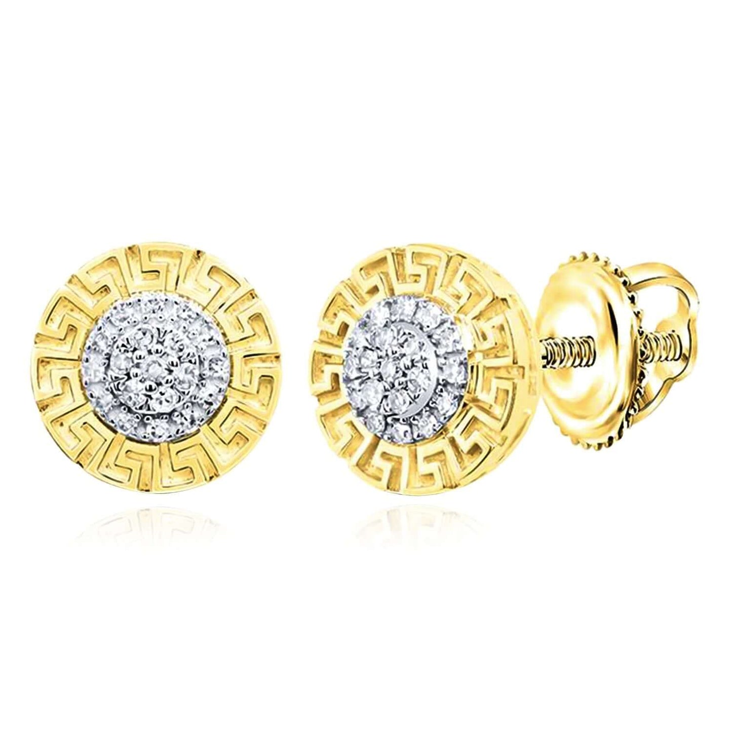 0.20CTW Natural Diamond 10K Gold Greek Key Medusa Stud Earrings 11mm