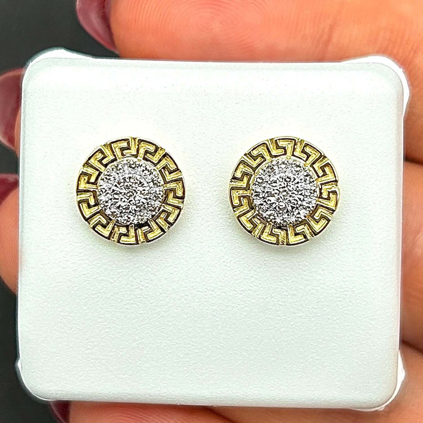 0.20CTW Natural Diamond 10K Gold Greek Key Medusa Stud Earrings 11mm