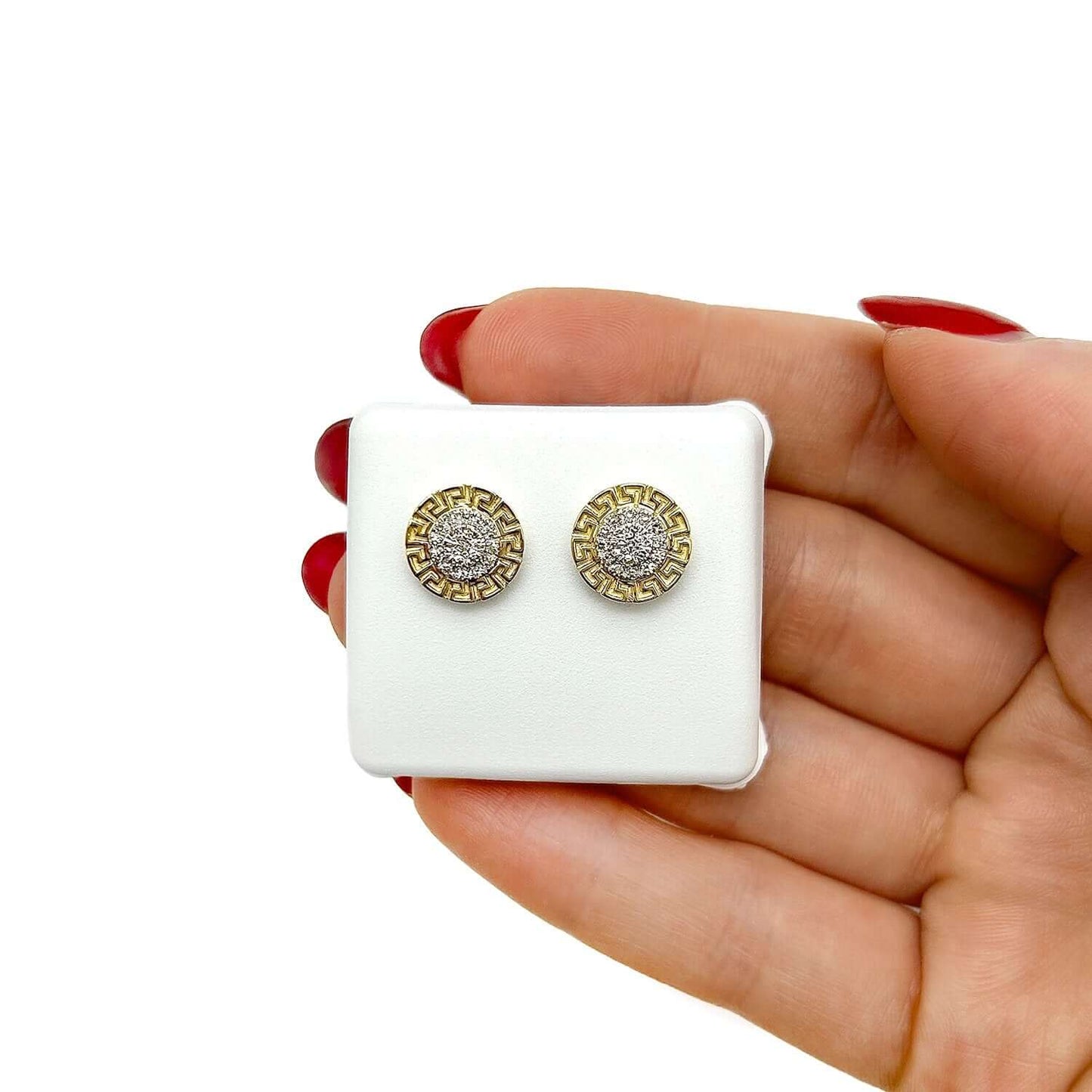 0.20CTW Natural Diamond 10K Gold Greek Key Medusa Stud Earrings 11mm
