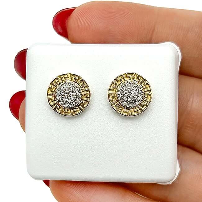 0.20CTW Natural Diamond 10K Gold Greek Key Medusa Stud Earrings 11mm