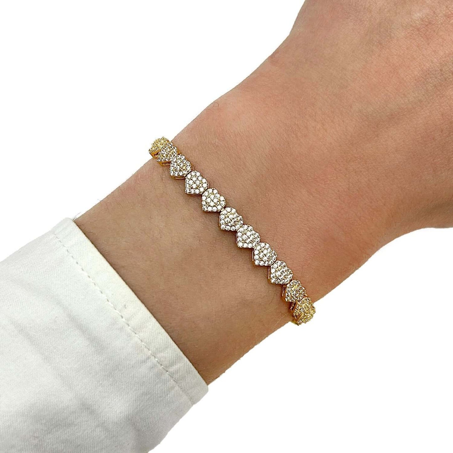 3CTW CZ Real 14K Gold 5.5mm Heart Tennis Bracelet 7"