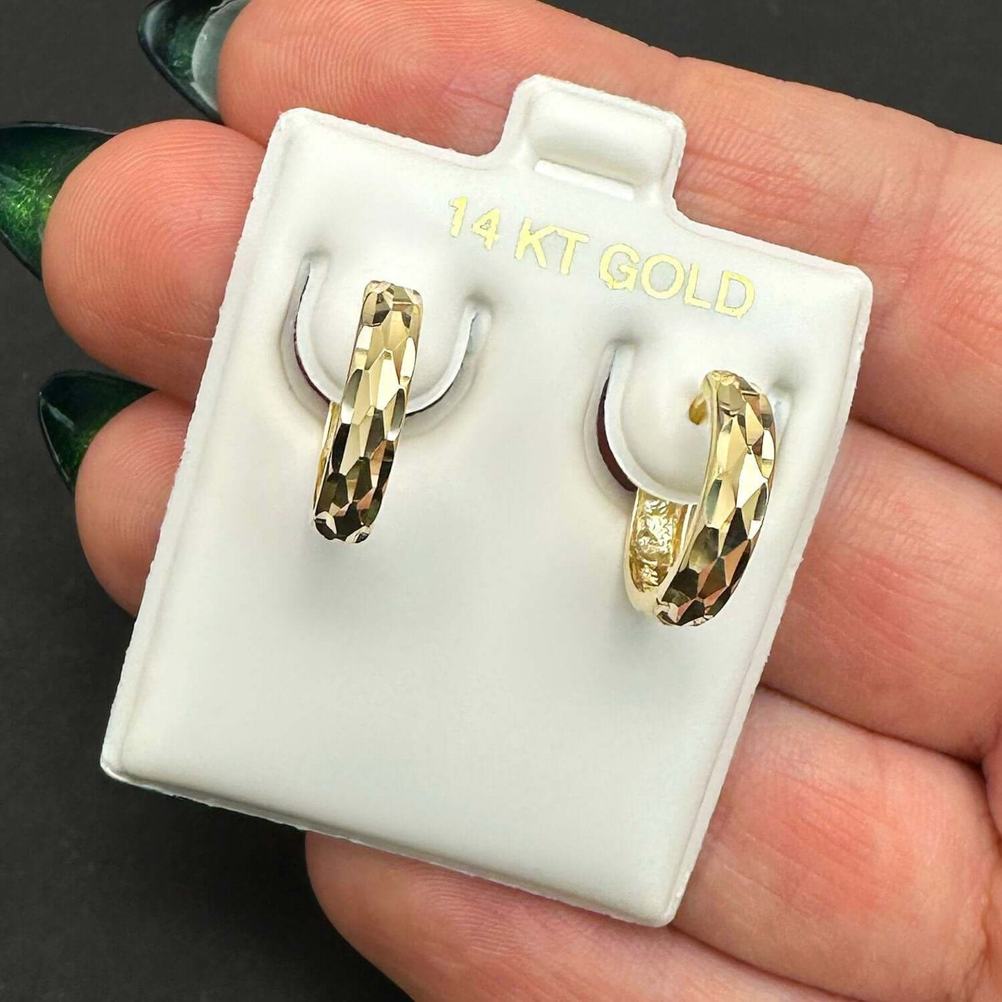 14K Real Gold Yellow, White, Rose Diamond-Cut Huggie Hoop Earrings 15mm