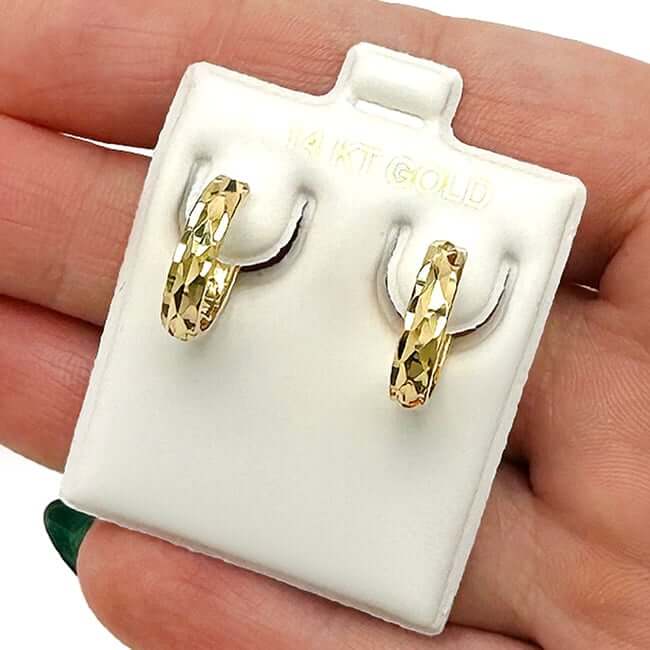 14K Real Gold Yellow, White, Rose Diamond-Cut Huggie Hoop Earrings 15mm