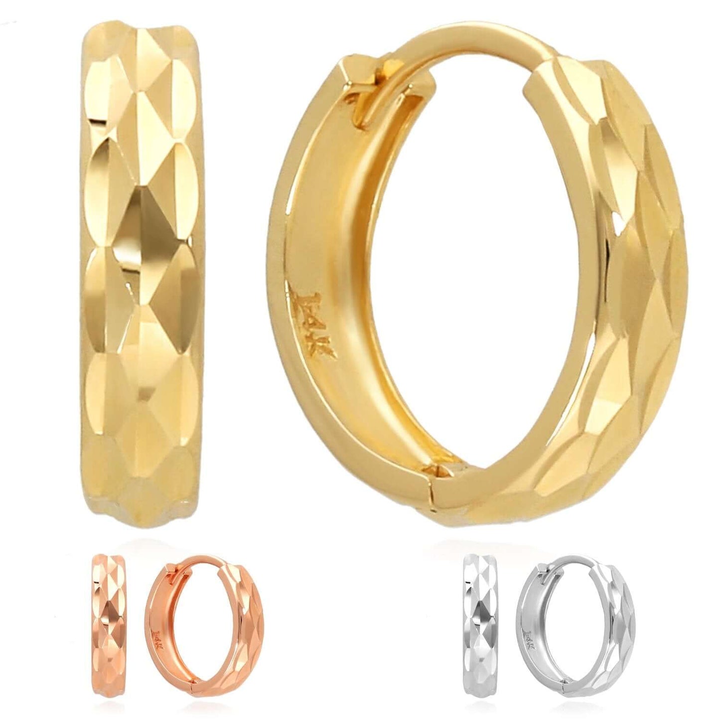 14K Real Gold Yellow, White, Rose Diamond-Cut Huggie Hoop Earrings 15mm