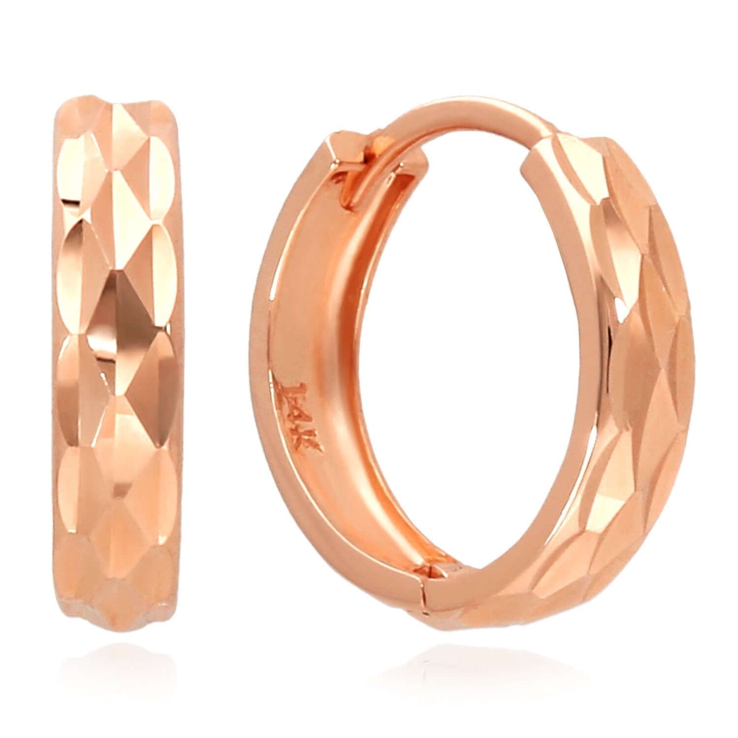 14K Real Gold Yellow, White, Rose Diamond-Cut Huggie Hoop Earrings 15mm
