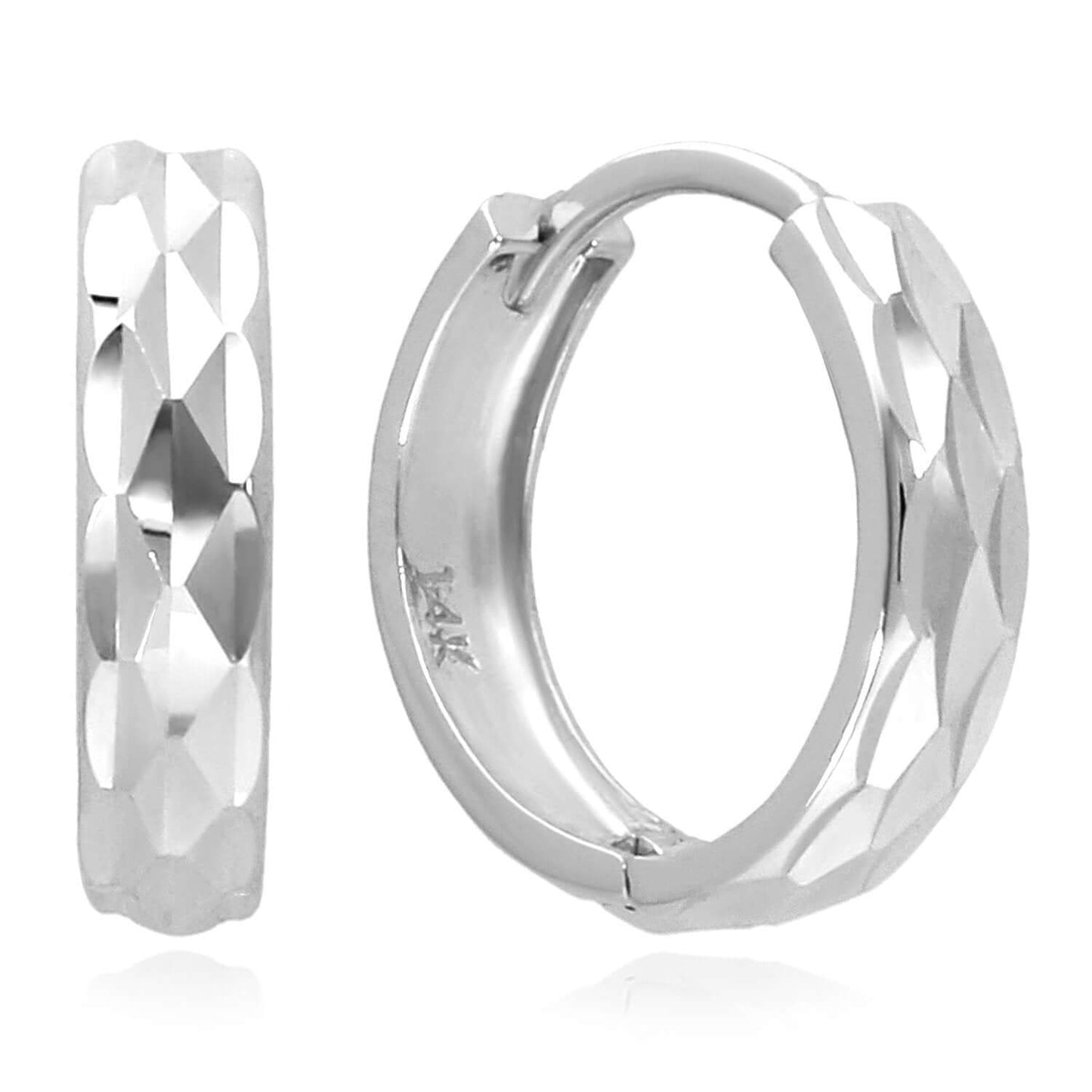 14K Real Gold Yellow, White, Rose Diamond-Cut Huggie Hoop Earrings 15mm