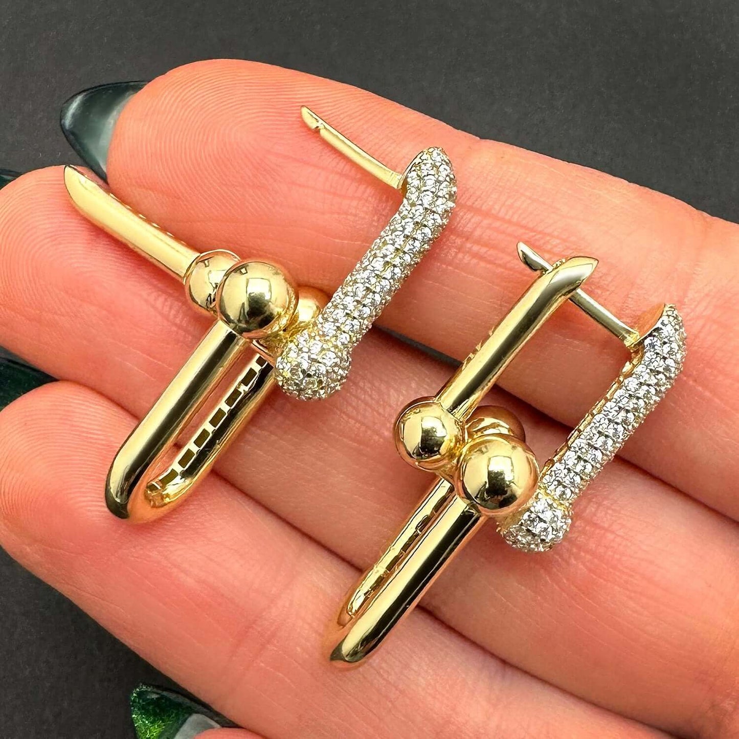 14K Gold HardWear Dangle Earrings with CZ Side Accents 35mm
