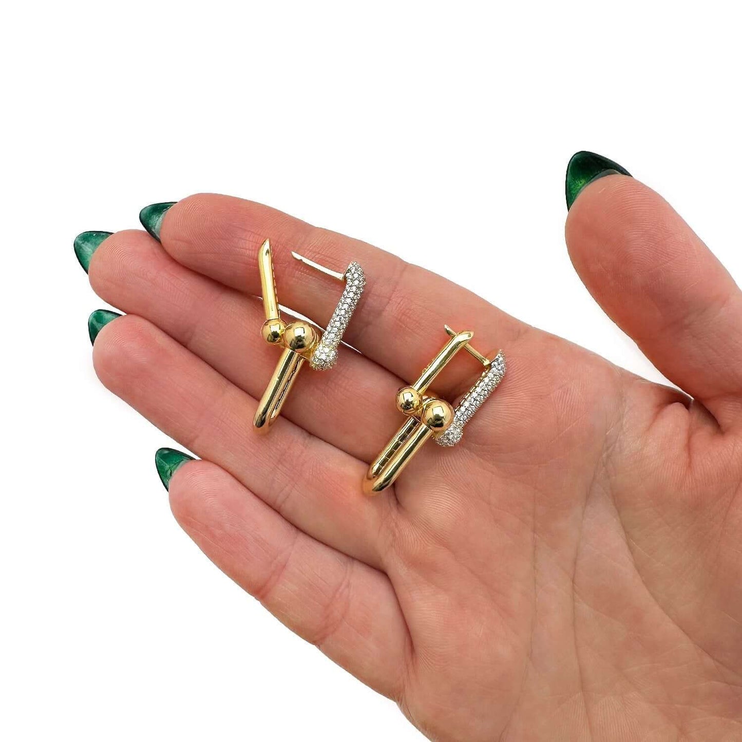 14K Gold HardWear Dangle Earrings with CZ Side Accents 35mm