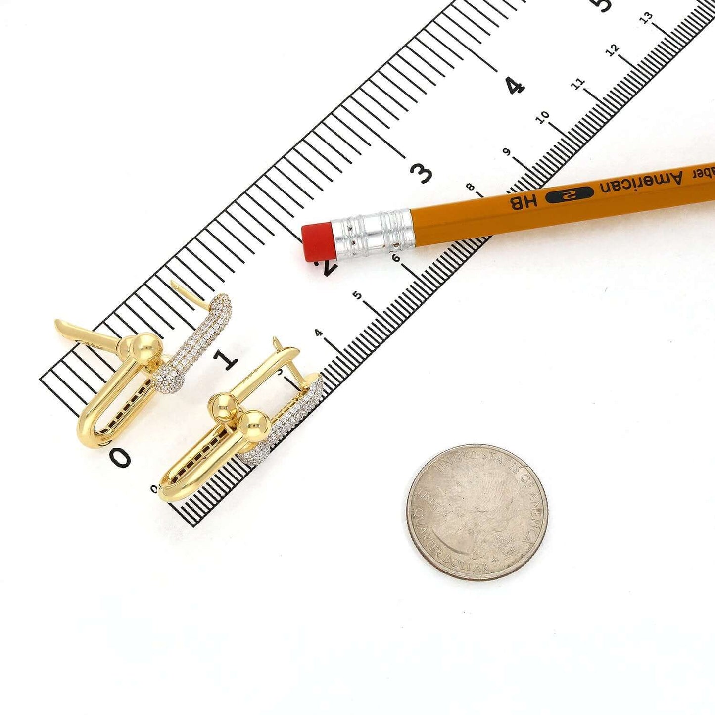 14K Gold HardWear Dangle Earrings with CZ Side Accents 35mm