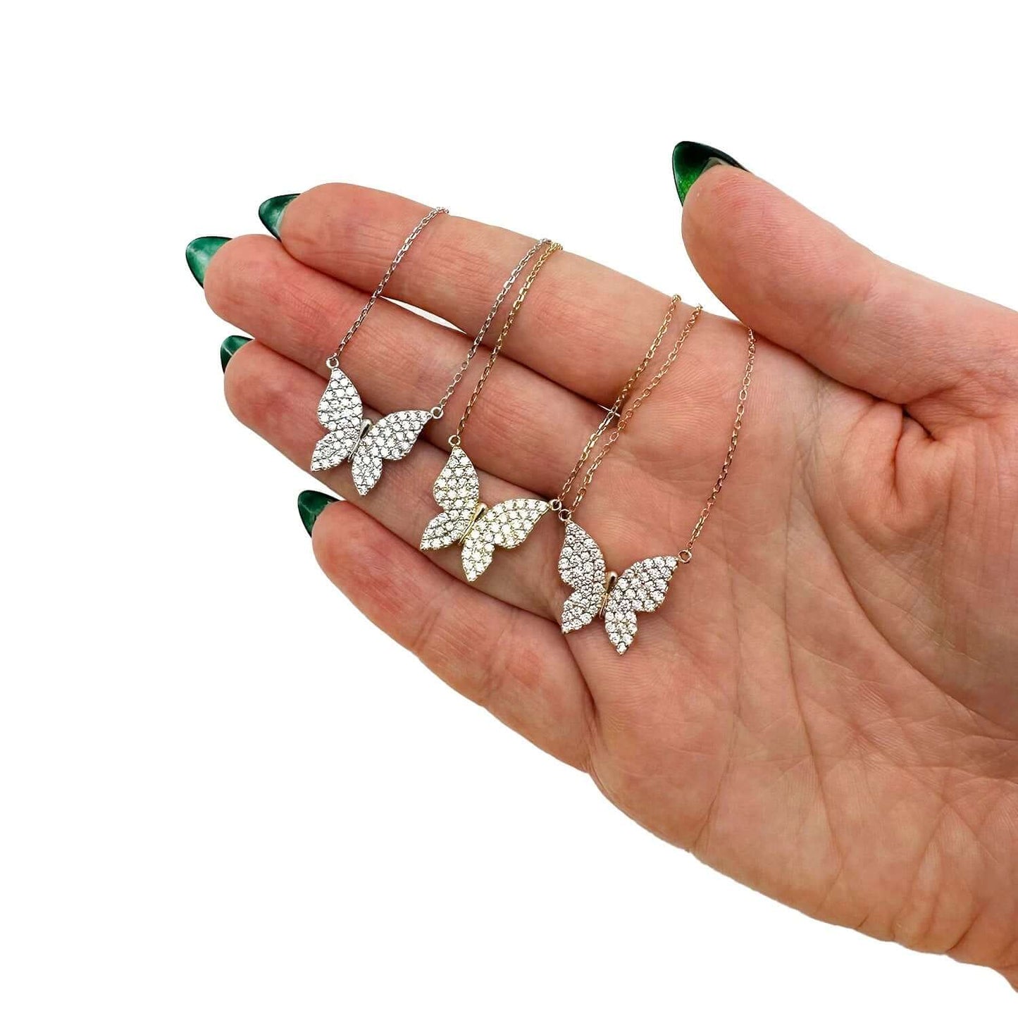 1.3CTW Natural Diamonds 14K Real Gold White, Rose Butterfly Pendant Necklace 16"