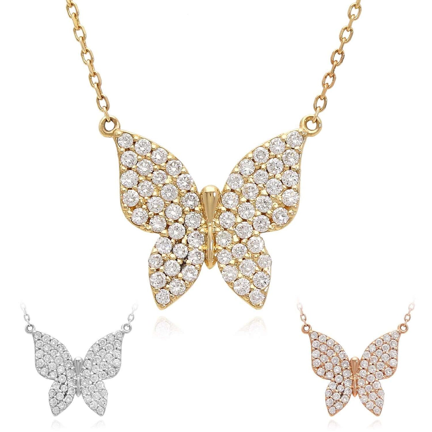 1.3CTW Natural Diamonds 14K Real Gold White, Rose Butterfly Pendant Necklace 16"