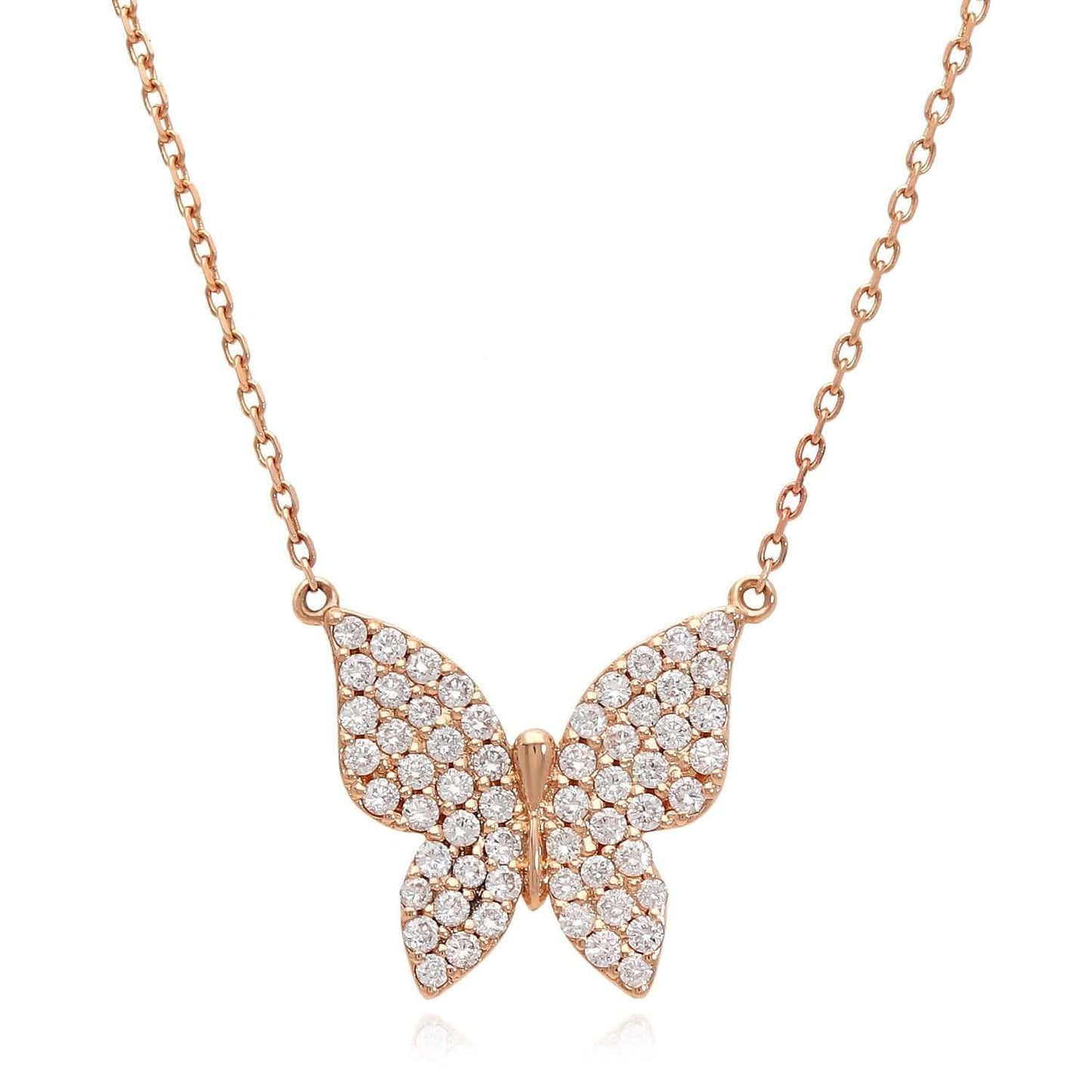 1.3CTW Natural Diamonds 14K Real Gold White, Rose Butterfly Pendant Necklace 16"