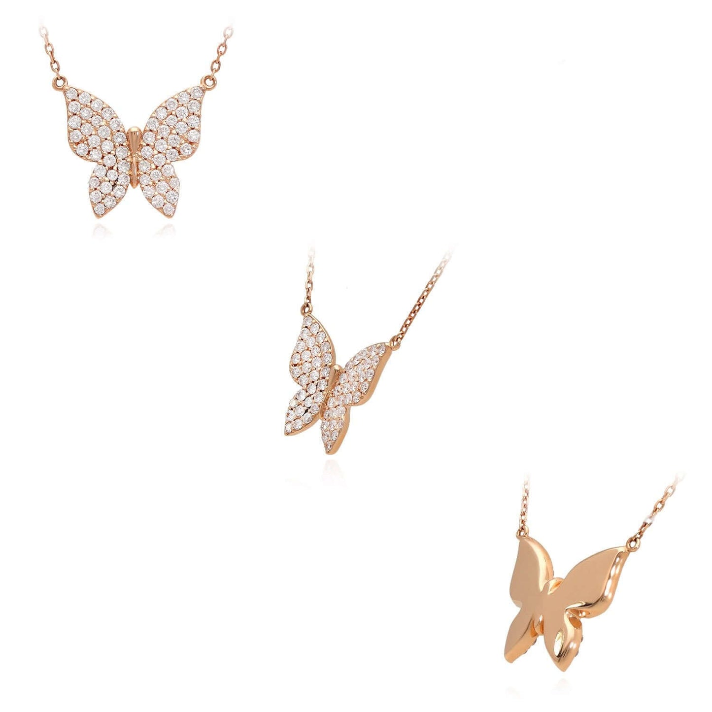 1.3CTW Natural Diamonds 14K Real Gold White, Rose Butterfly Pendant Necklace 16"
