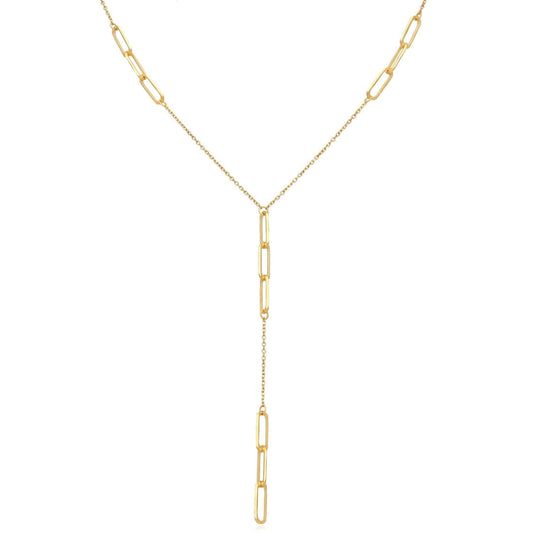 14K Yellow Gold 17" Lariat Paperclip Chain Necklace (Solid Links) with 2.9" Drop