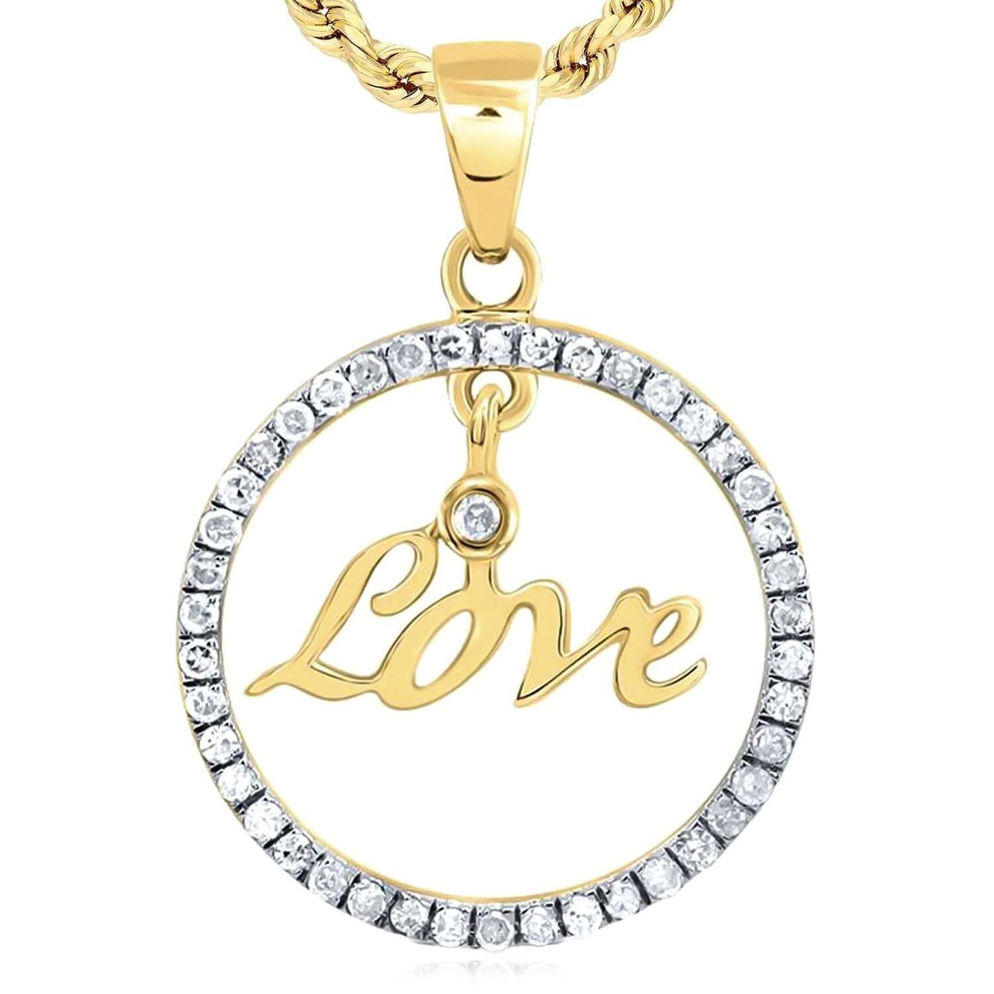 0.25CTW Real Diamond 10K Gold Yellow, White Round Love Pendant 0.8"