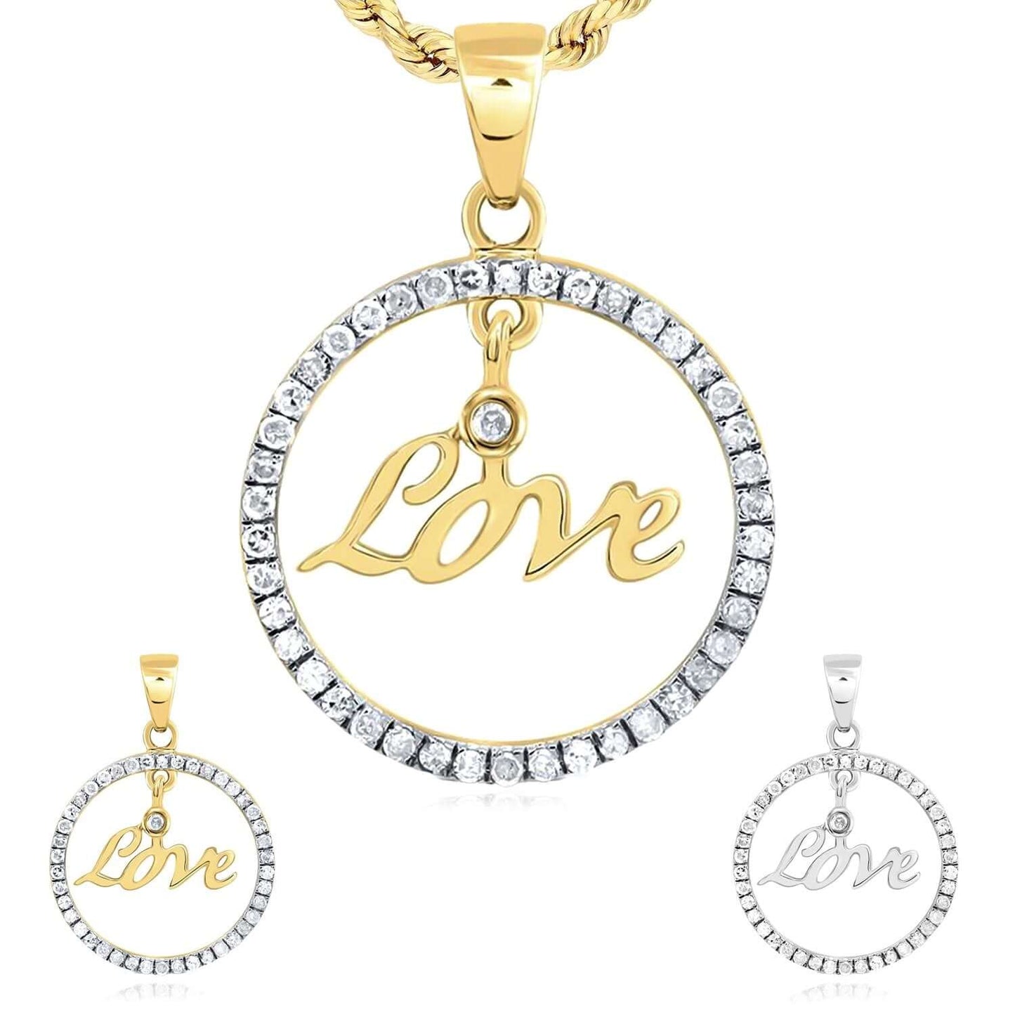 0.25CTW Real Diamond 10K Gold Yellow, White Round Love Pendant 0.8"