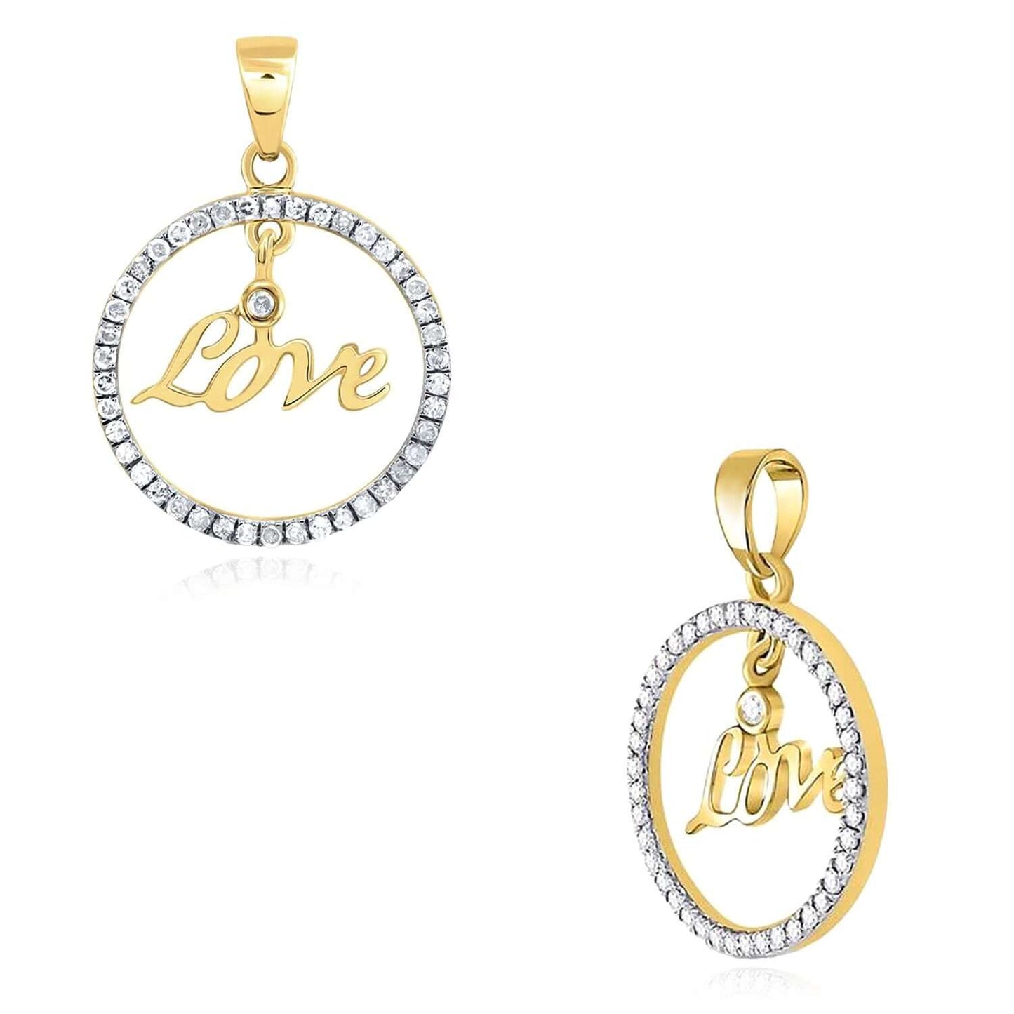 0.25CTW Real Diamond 10K Gold Yellow, White Round Love Pendant 0.8"