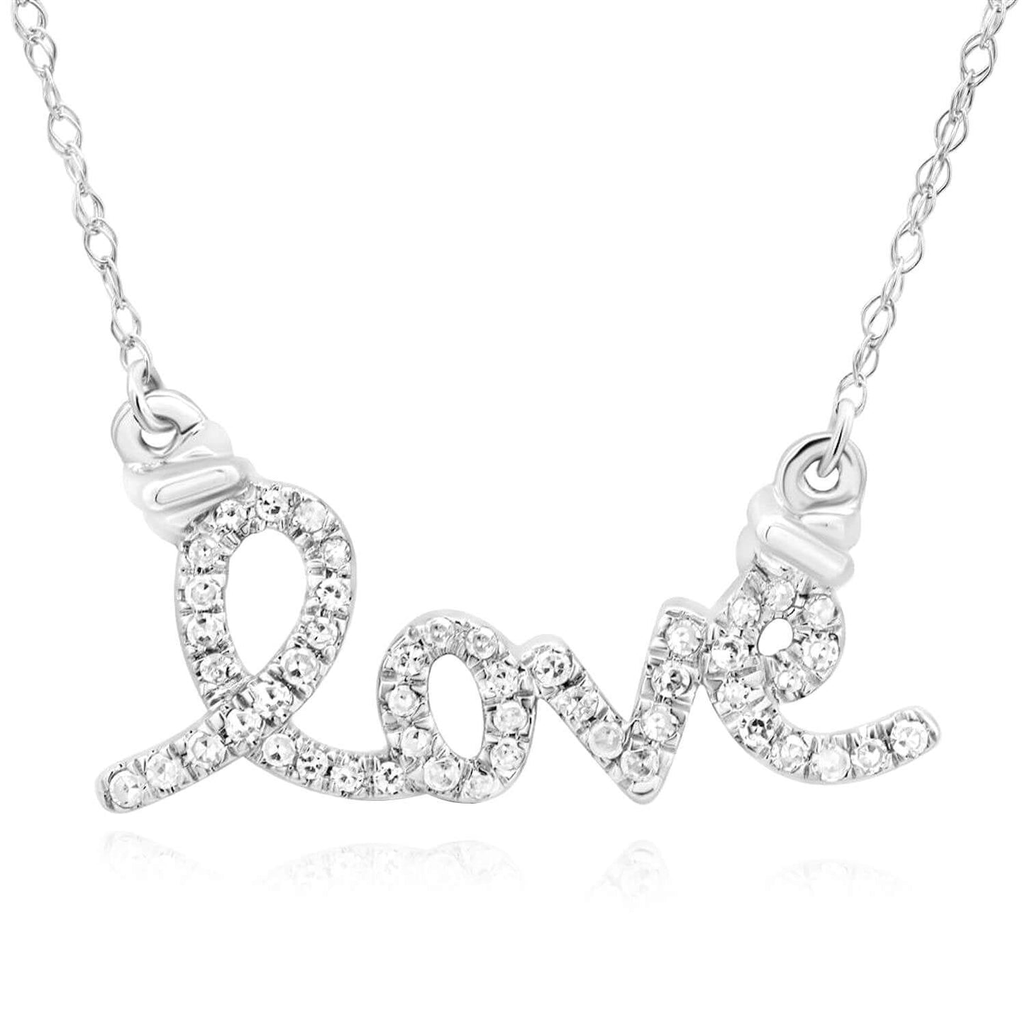 0.12CTW Real Diamond Real 10K Gold White "Love" Necklace, 18" Cable Chain