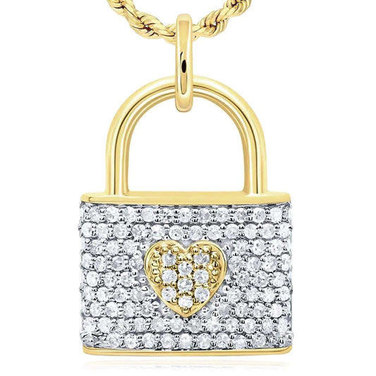 0.25CTW Natural Diamond 10K Gold Two-Tone Lock Pendant with Heart Accent 0.65"