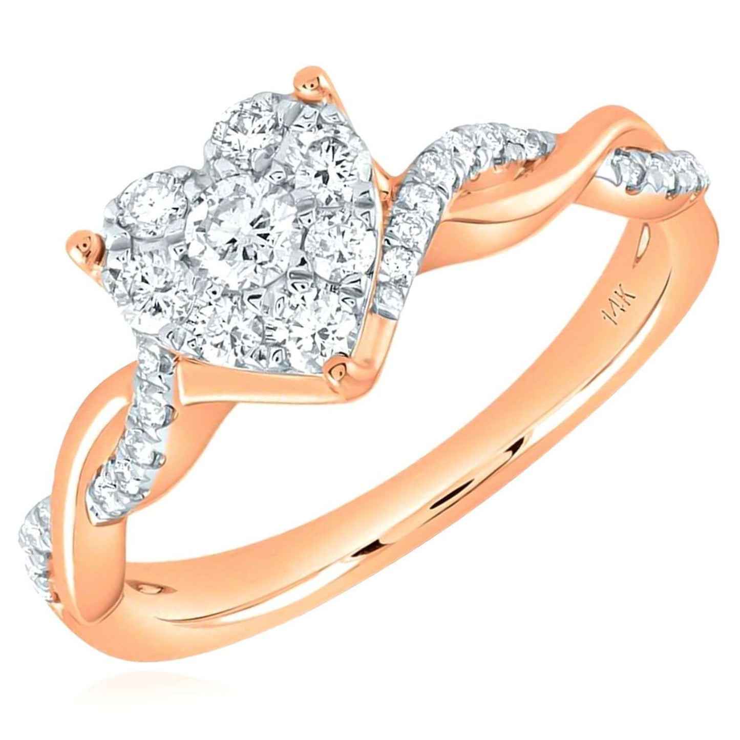 0.50CTW Natural Diamond Real 14K Rose Gold Heart Twisted Shank Cocktail Ring