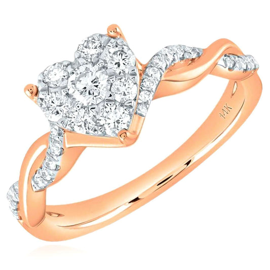0.50CTW Natural Diamond Real 14K Rose Gold Heart Twisted Shank Cocktail Ring