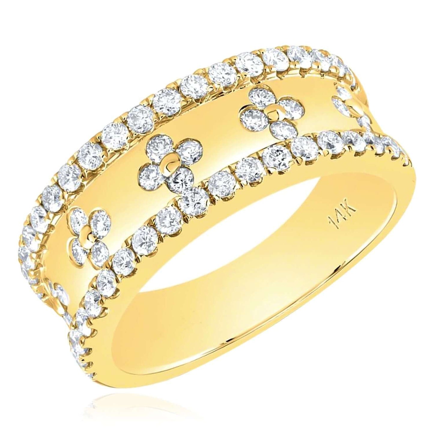0.85CTW Real Diamond Real 14K Gold Clover Cocktail Band Ring, 8mm